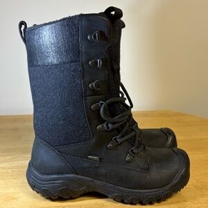KEEN Women’s 7 Greta Tall Black Boots Leather Lace Up Warm Winter Waterproof New
